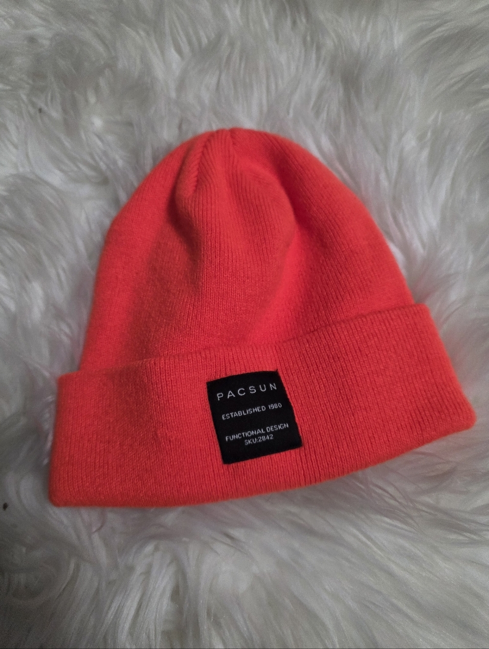 PacSun Men Neon Coral Fold-Over Knit Beanie with Patch